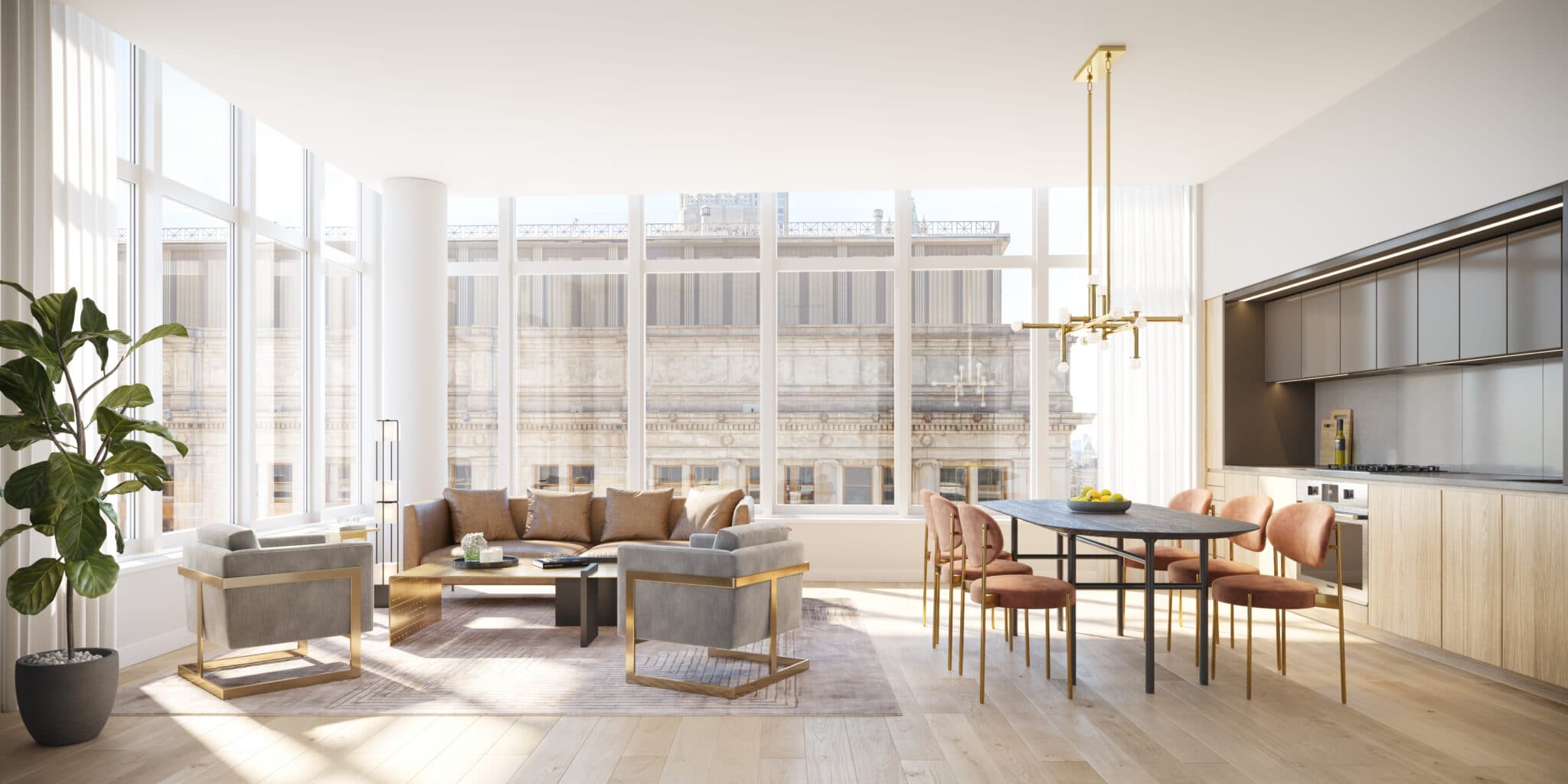 Living room with large windows and stylish kitchen